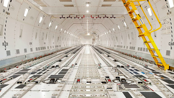 Empty cargo hold of a Boeing 747-8 Freighter.